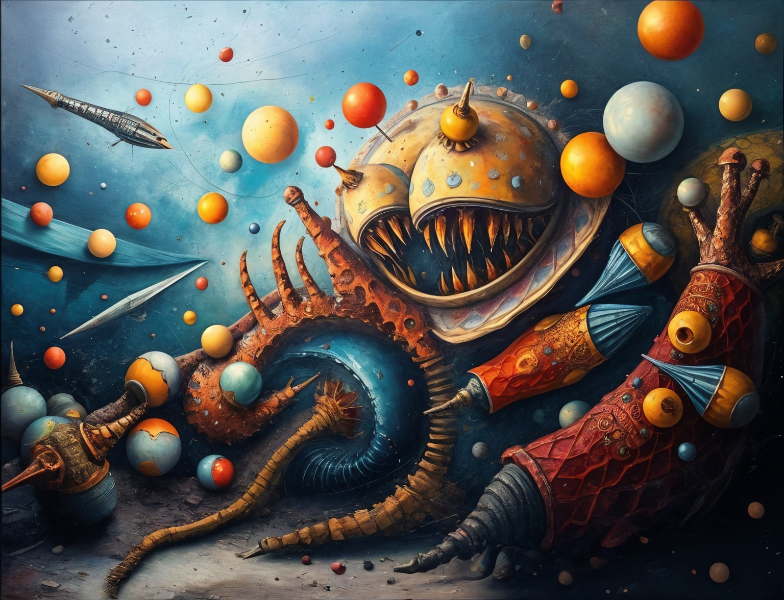 Surreal Scene with Vibrant Spheres and Creatures
