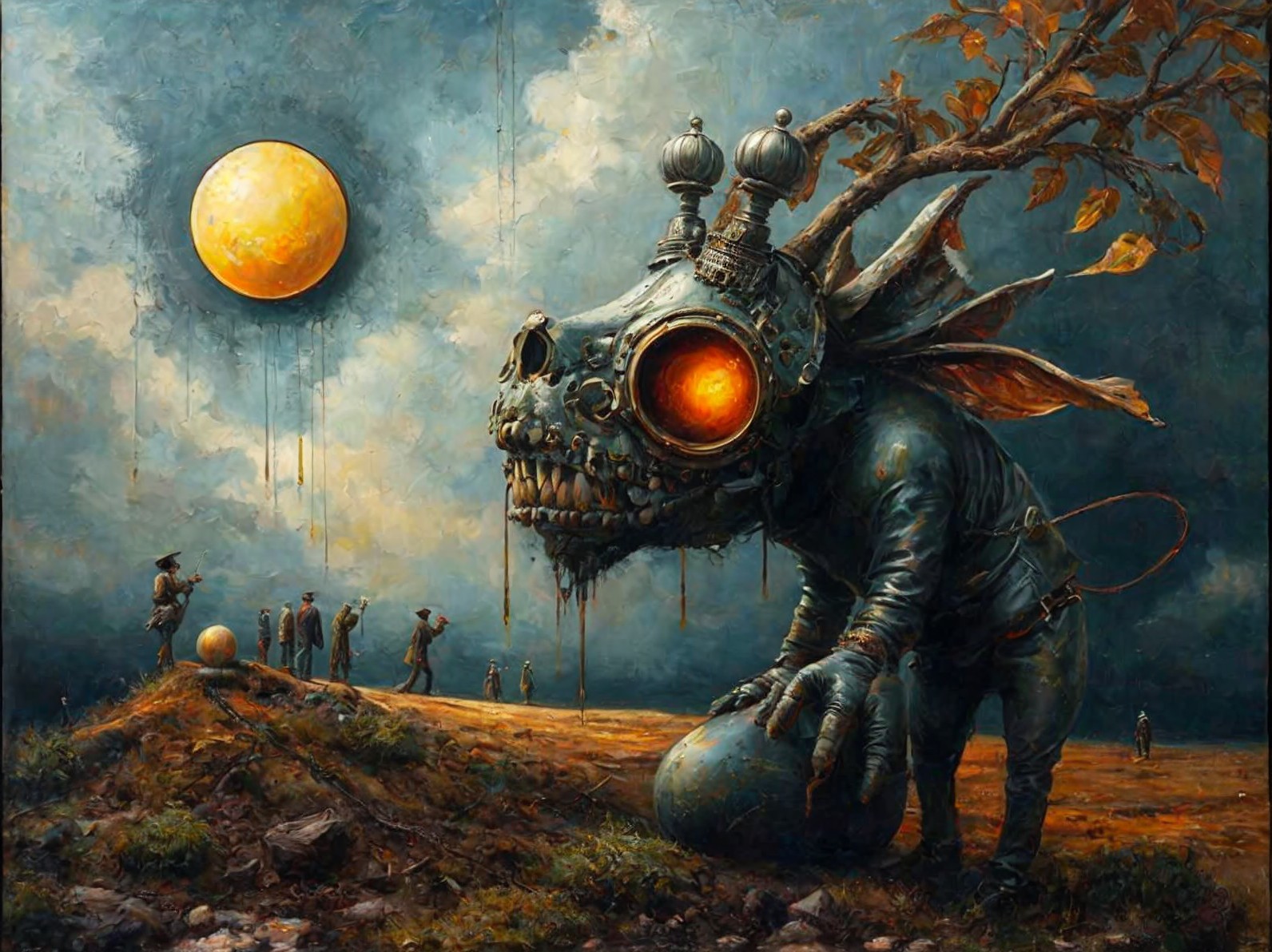 Surreal Landscape with Massive Creature and Yellow Sun