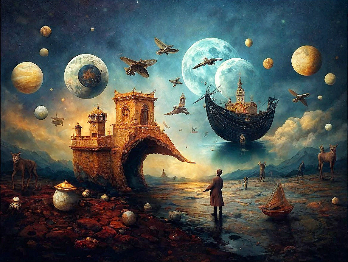 Surreal Landscape with Architecture and Celestial Bodies