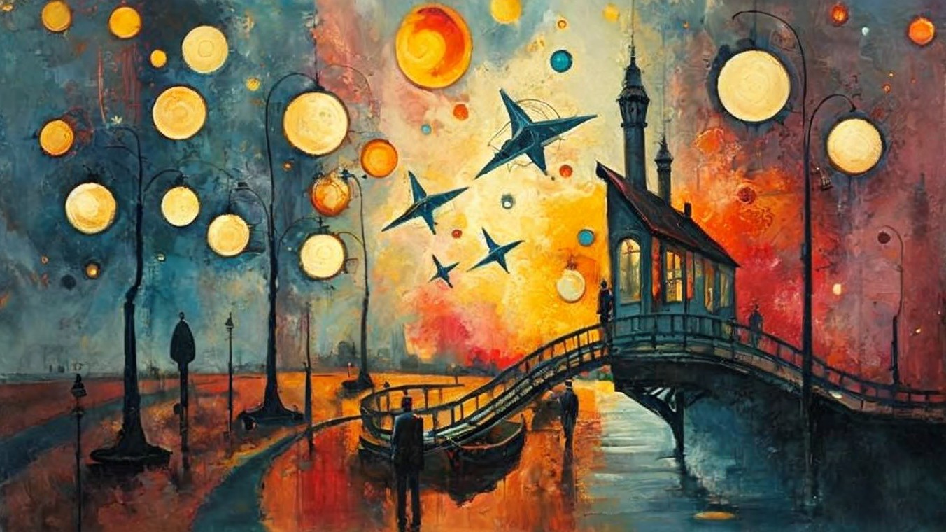 Vibrant Dreamlike Scene with Colorful Sky and Bridge