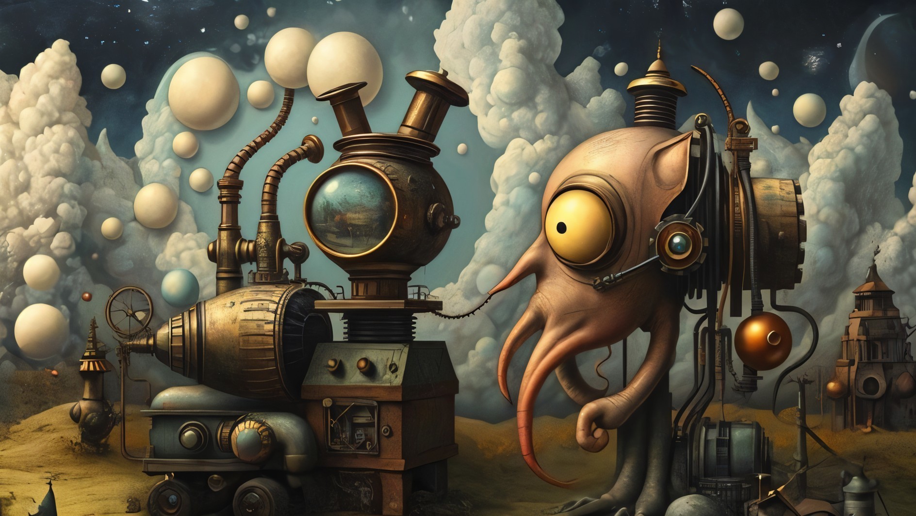 Surreal Landscape with Cartoonish Octopus and Machine