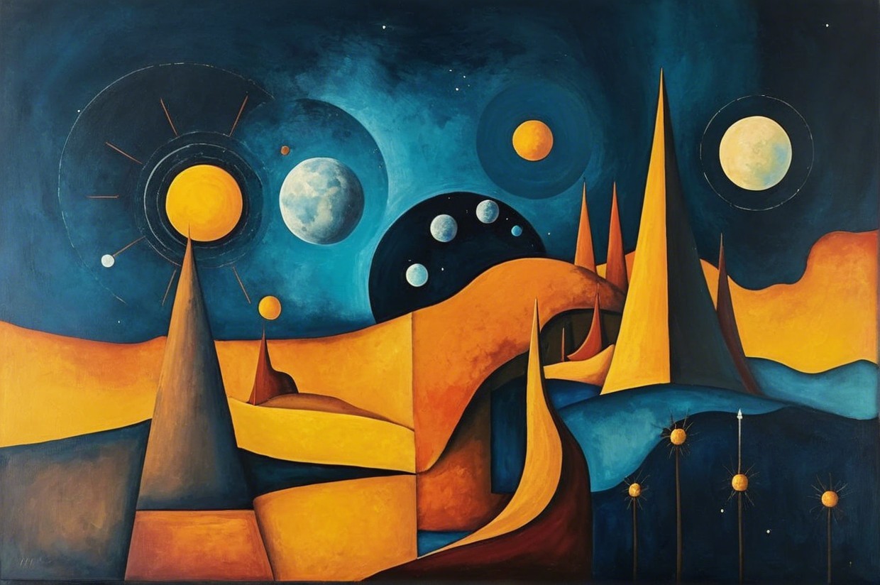 Abstract Landscape with Pyramids and Cosmic Elements