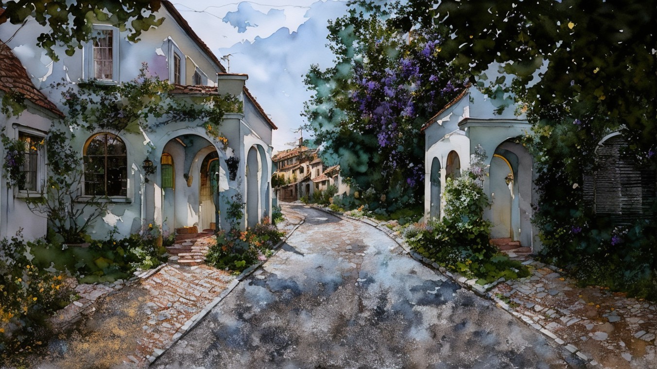 Charming Winding Street with Quaint Houses and Flowers