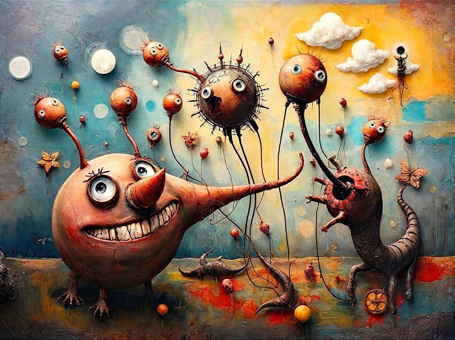 Surreal Landscape with Cartoonish Creatures and Colors