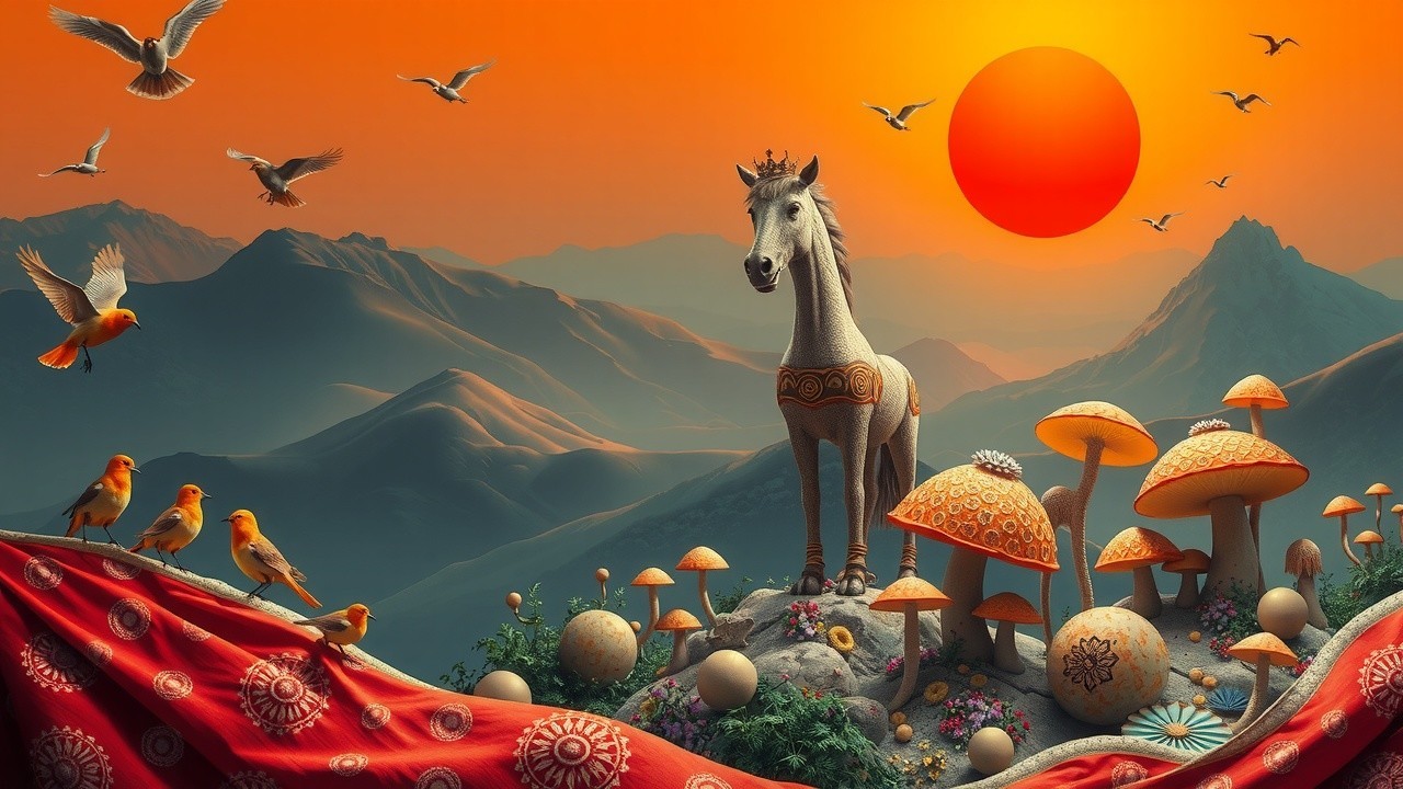 Surreal Landscape with White Horse and Vibrant Mushrooms