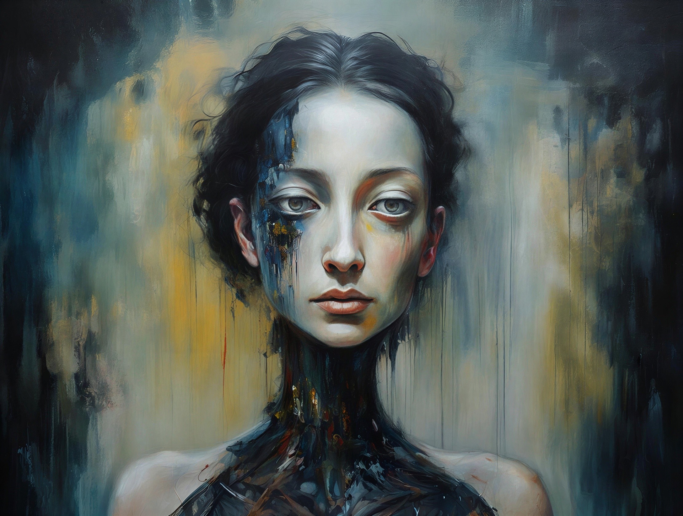 Portrait of a Young Woman with Abstract Paint Elements