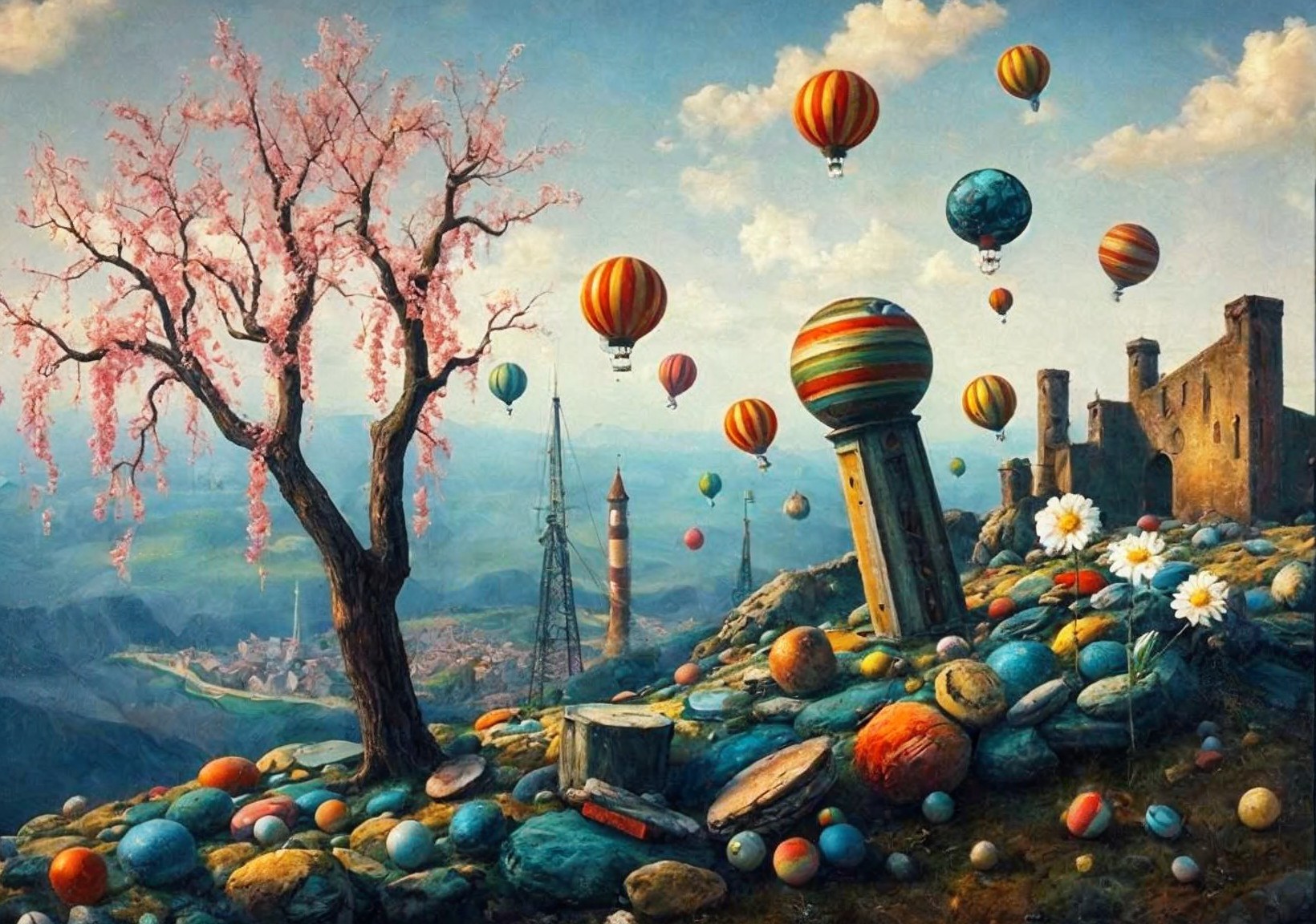Whimsical Landscape with Pink Tree and Hot Air Balloons