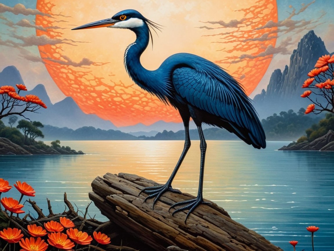 Blue Heron by Sunset Lake with Lotus Flowers