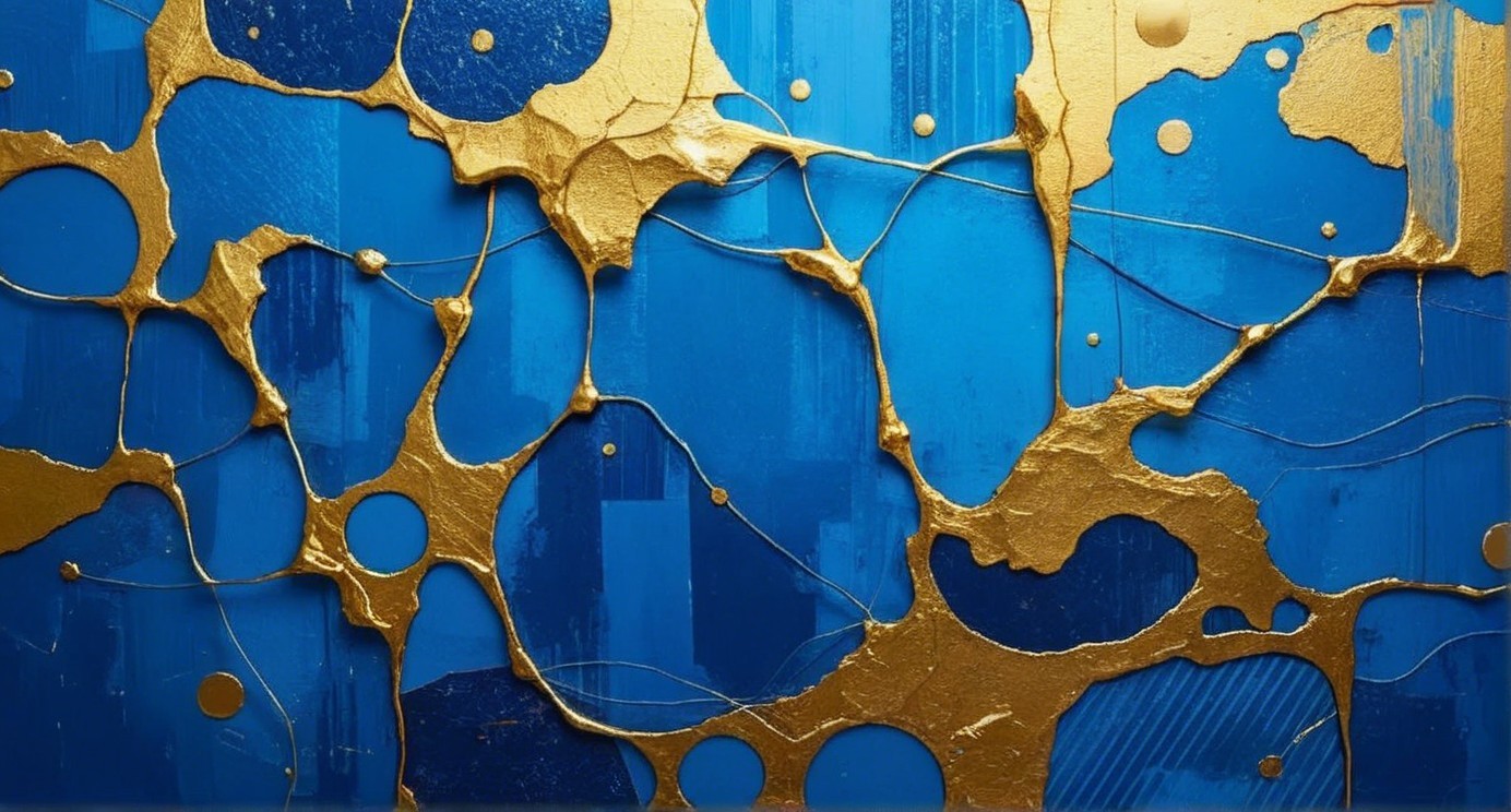 Abstract Composition with Blue and Gold Patterns