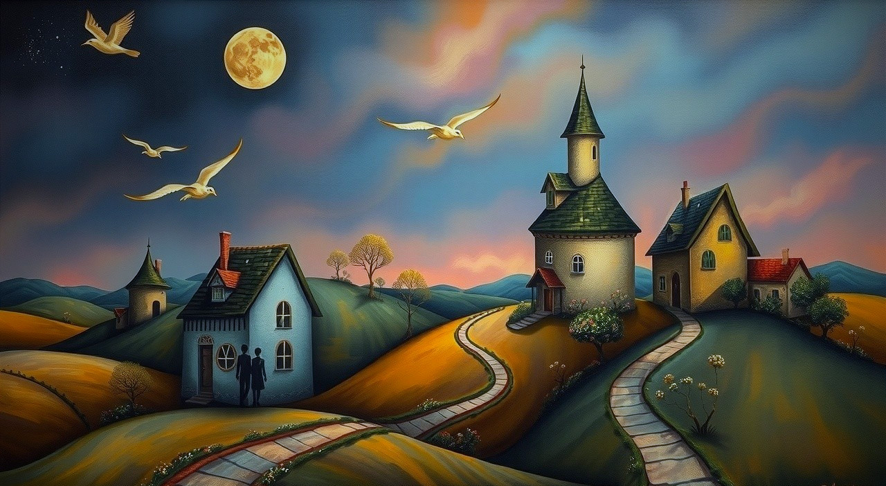 Whimsical Landscape with Hills, Moon, and Charming Homes