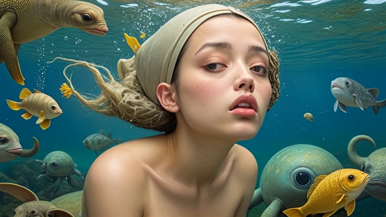 Underwater Scene with Woman and Vibrant Sea Life