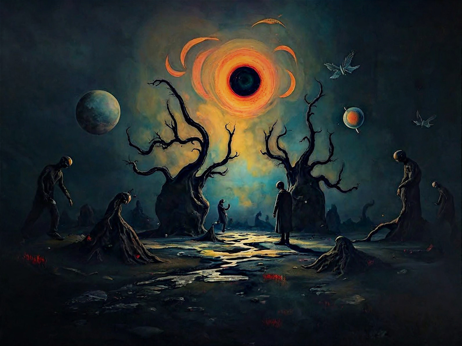 Surreal Cosmic Horror Landscape with Dark Figures