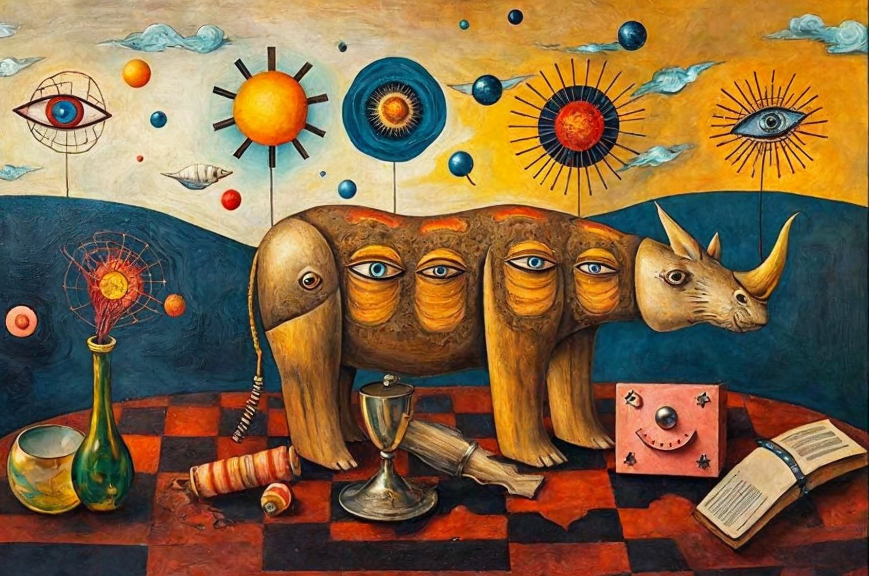Surreal Painting of Multi-Eyed Rhino and Celestial Elements