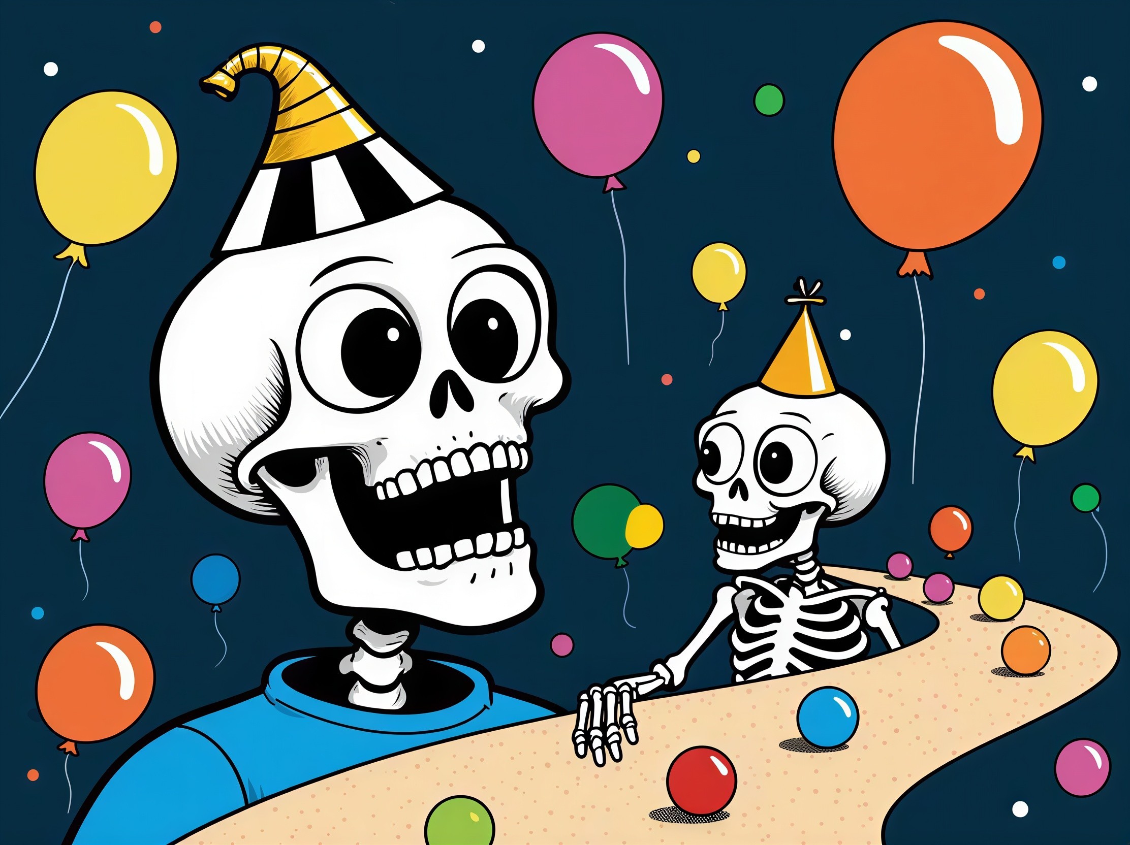 Cartoon Skeletons at a Party Scene with Colorful Balls