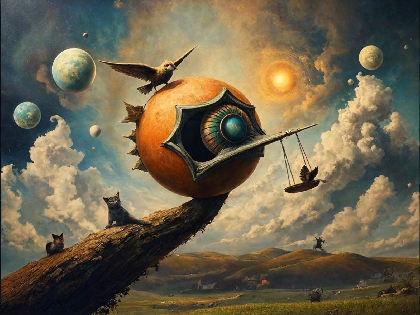 Surreal Landscape with Giant Shell and Dreamlike Sky