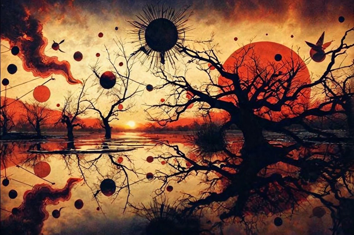 Surreal Sunset Landscape with Twisted Trees and Cosmos