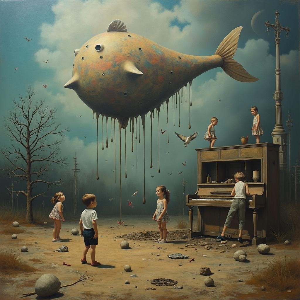 Surreal Landscape with Giant Fish and Children Exploring
