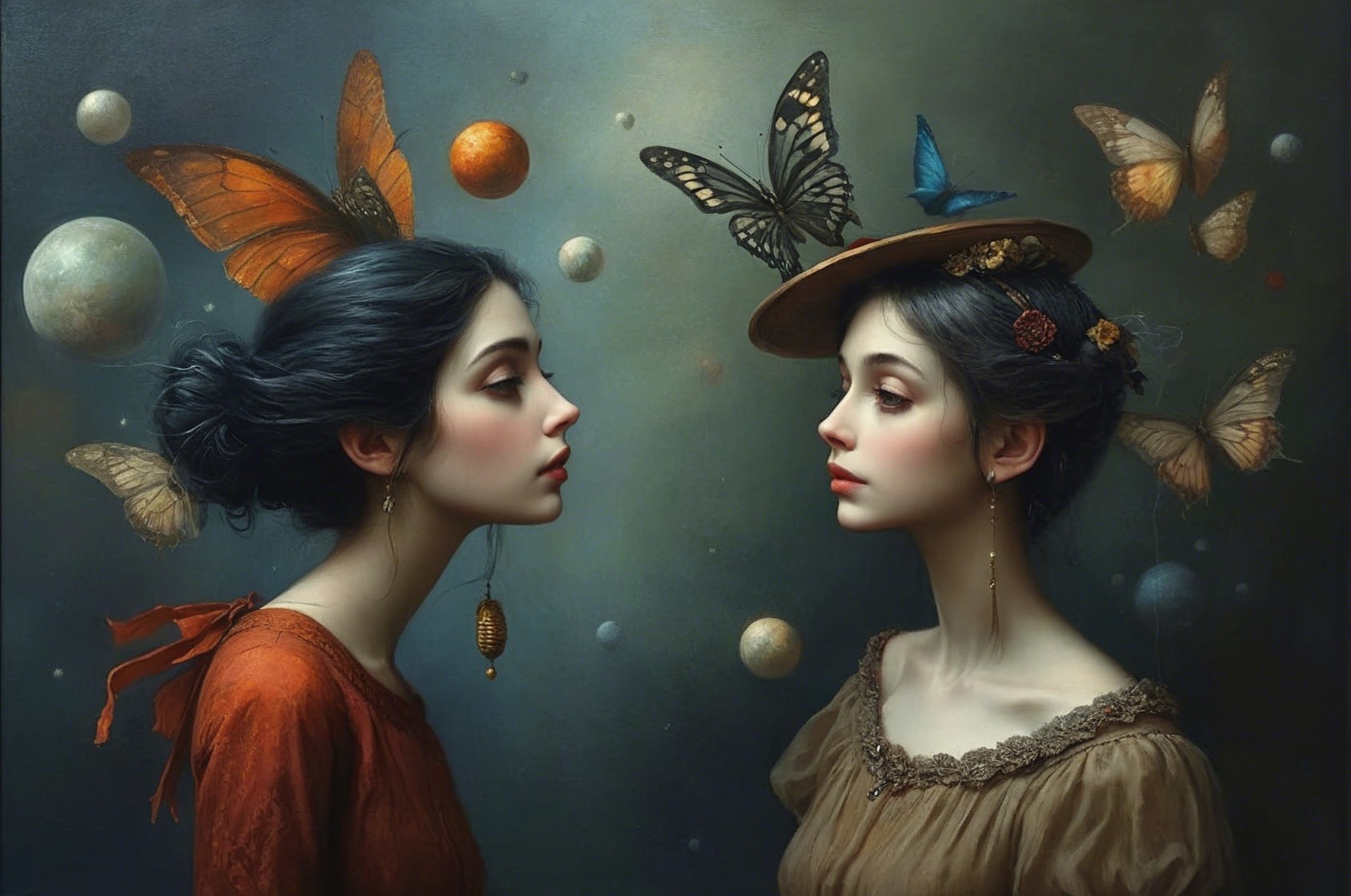 Ethereal Women Surrounded by Butterflies and Planets