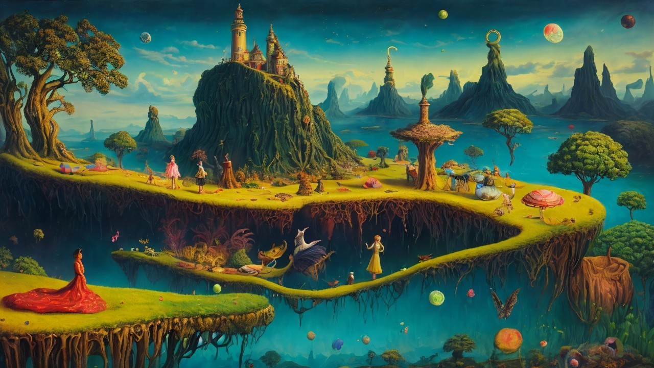 Vibrant Surreal Landscape with Floating Islands and Castle