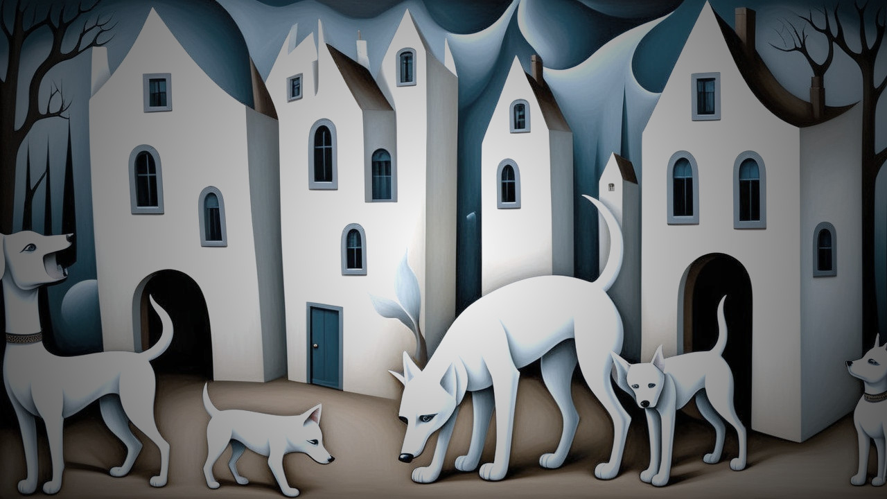 Whimsical Scene of White Dogs and Abstract Houses