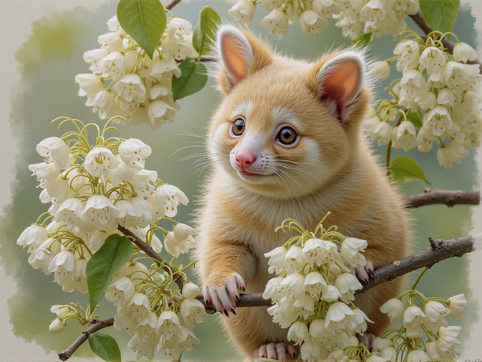 Fluffy Creature on Branch with White Flowers
