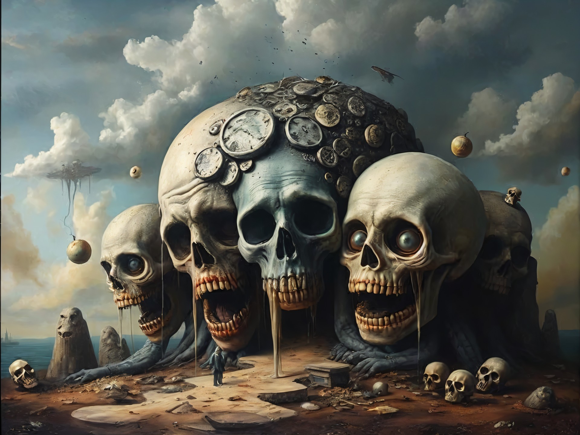 Surreal Landscape with Hollow Skulls and Clocks