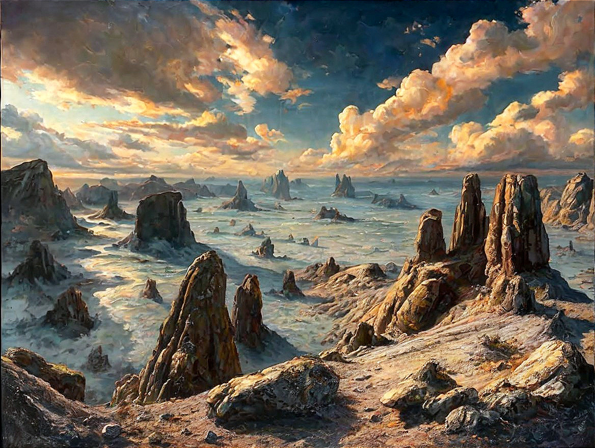 Rugged Rock Formations in Misty Golden Landscape
