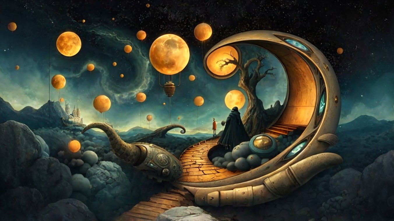 Surreal Landscape with Winding Path and Golden Moons