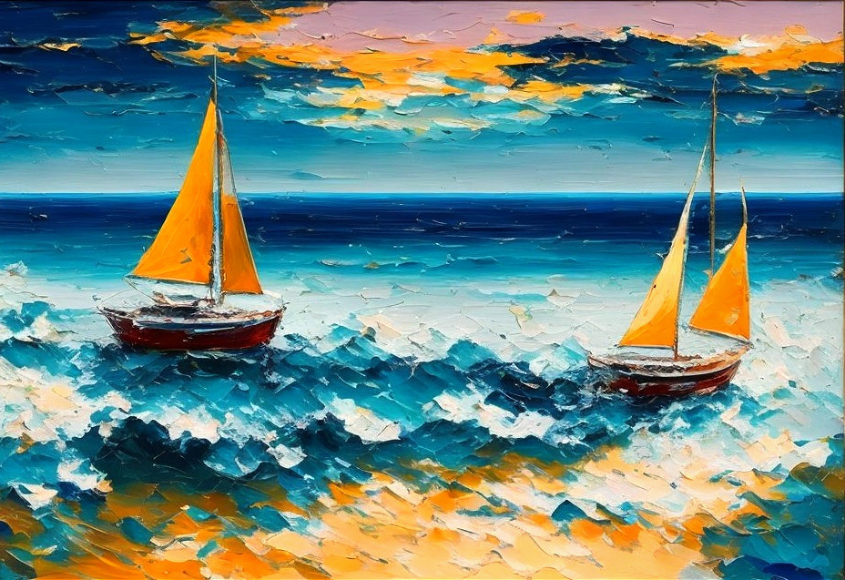 Vibrant Seascape with Sailboats and Dramatic Sunset