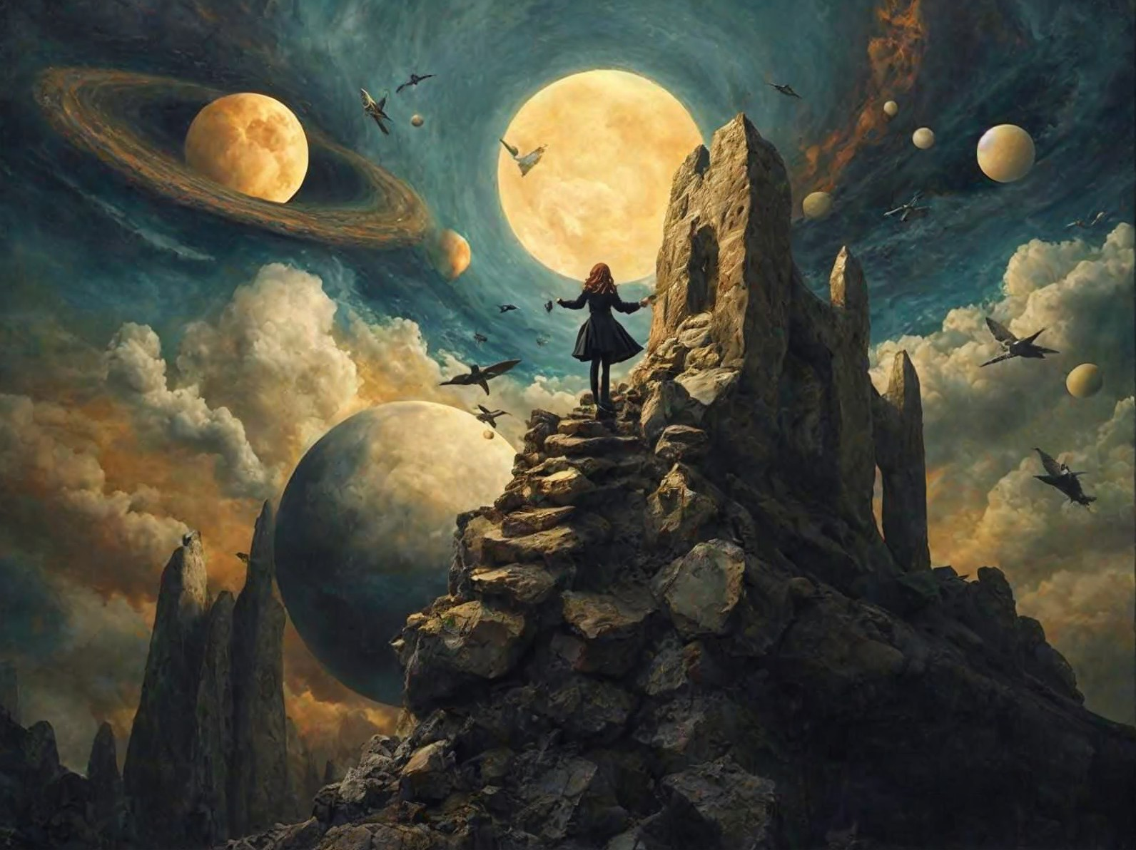 Figure on Rocks Beneath Cosmic Landscape with Moons