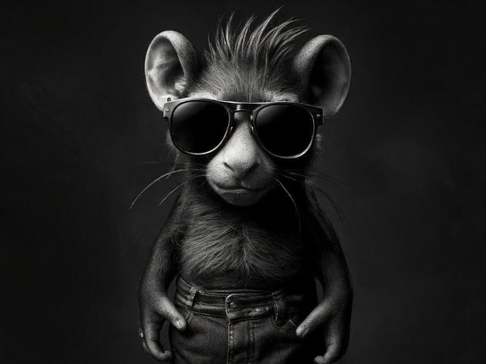Stylish Cartoon Monkey in Denim Against Dark Background