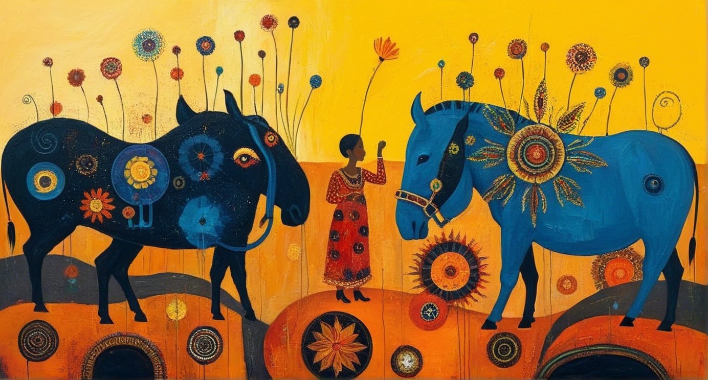 Vibrant Artwork of Two Stylized Horses and a Woman