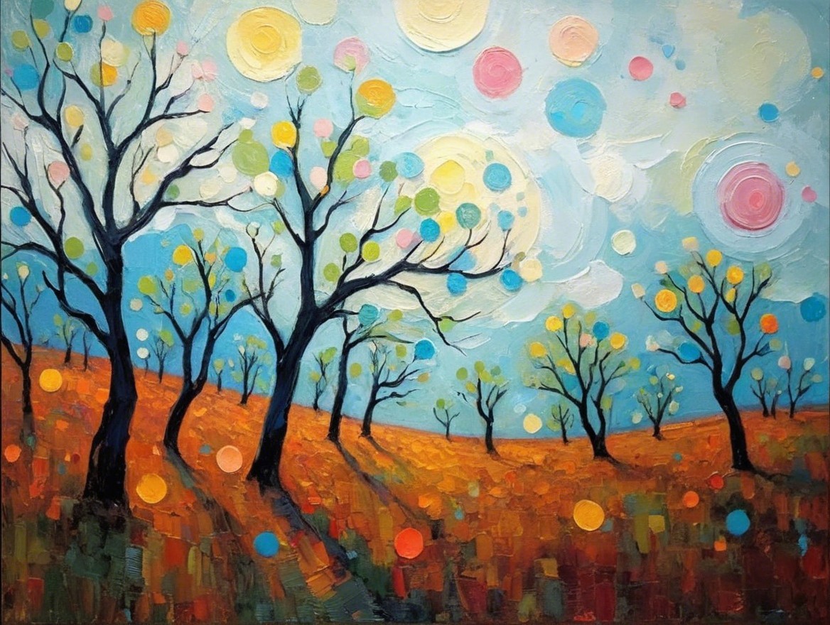Vibrant landscape with bare trees and colorful forms