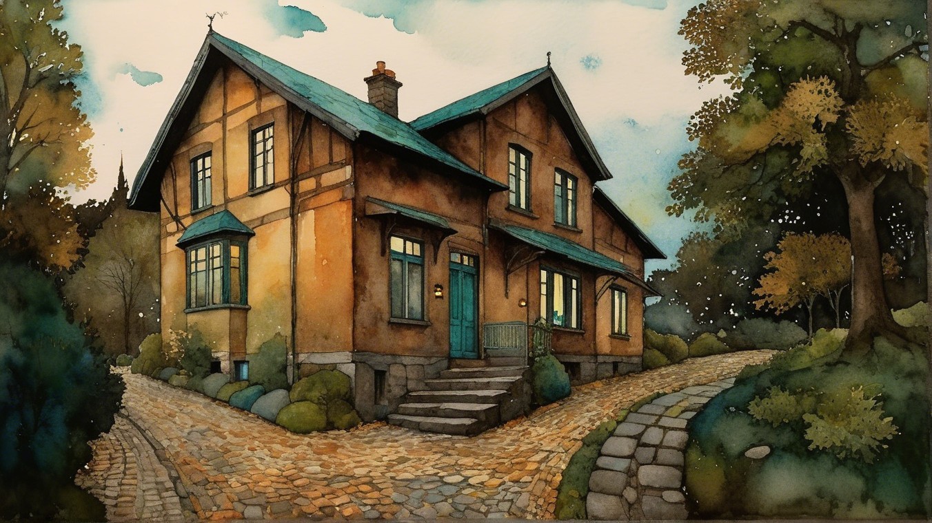 Two-Story House with Blue Accents and Greenery