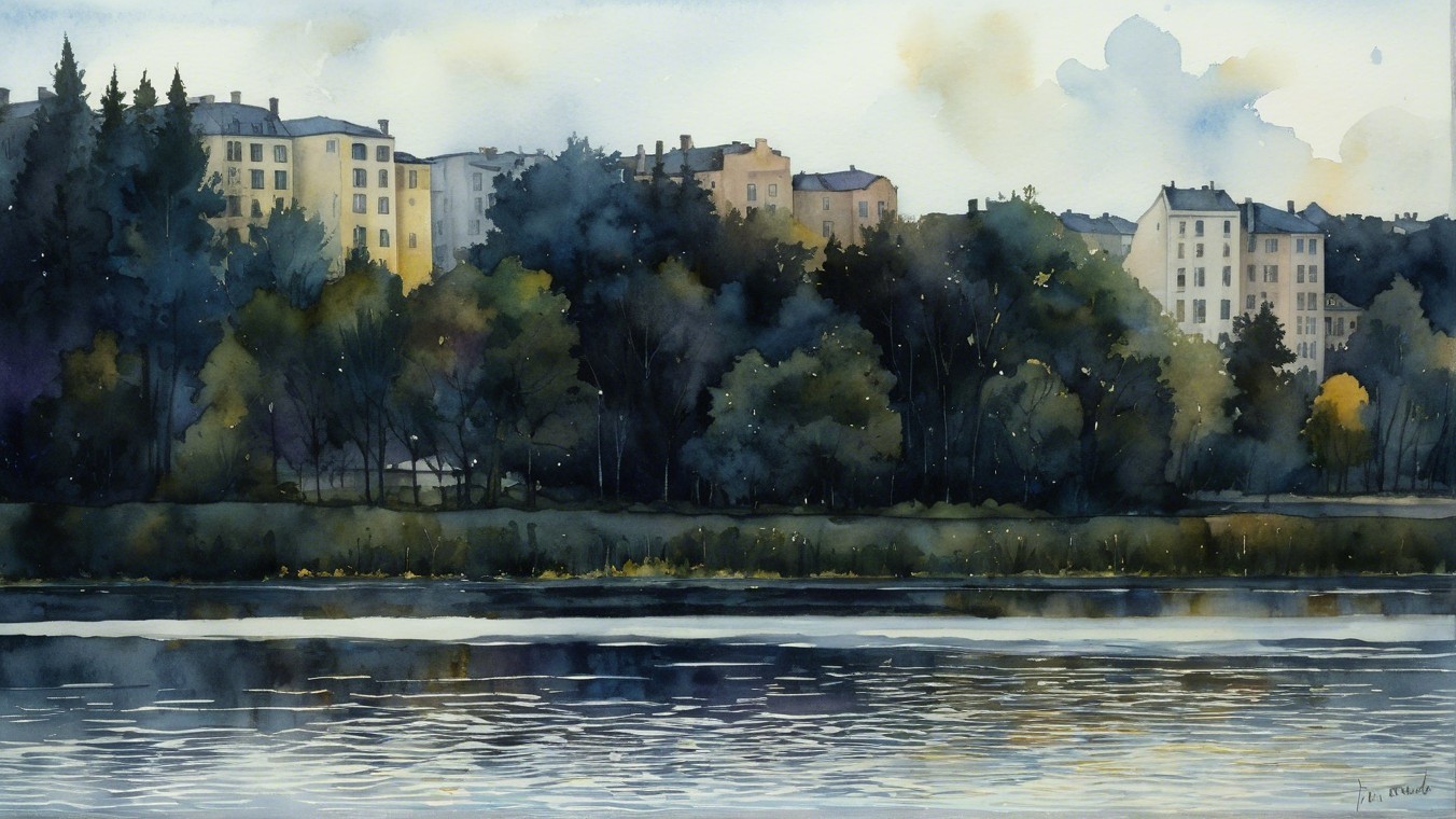 Watercolor Landscape of River and Urban Buildings