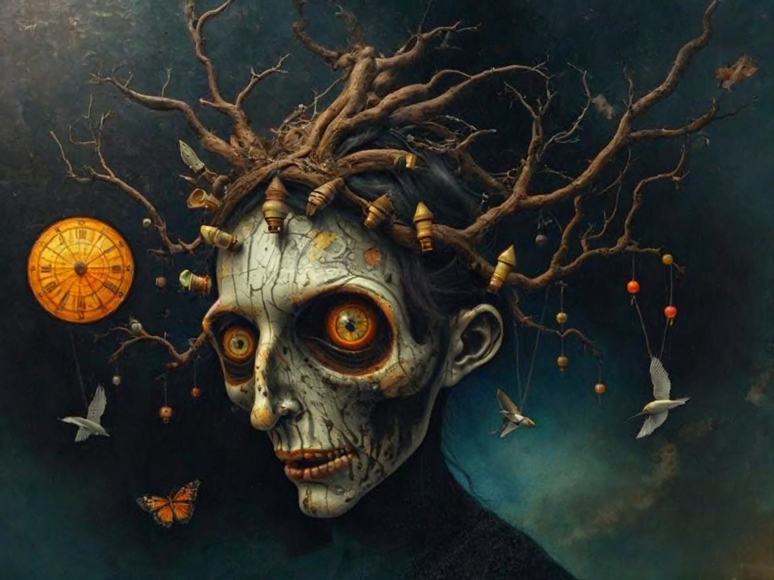 Haunting Figure with Skeletal Face and Surreal Elements