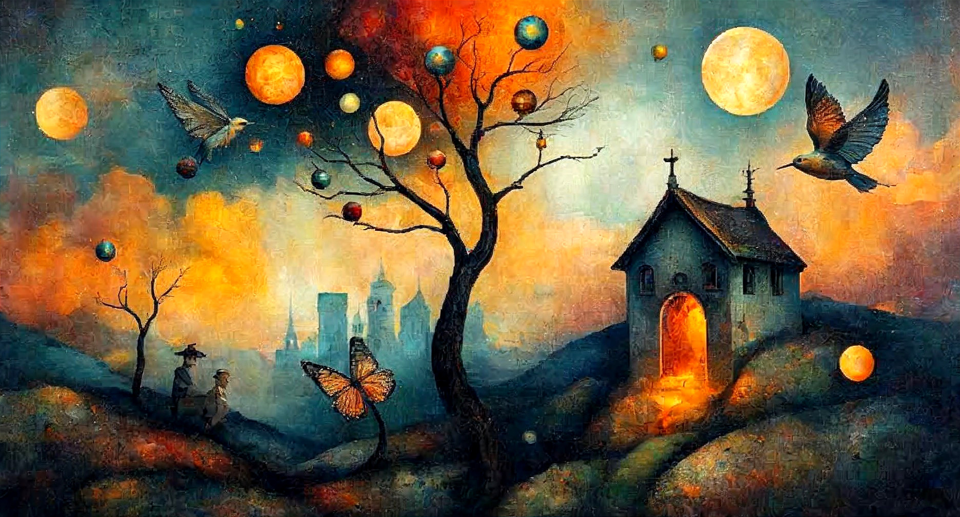 Dreamy Landscape with Twisted Tree and Whimsical House