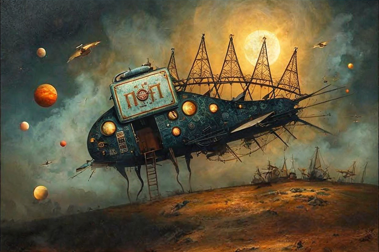 Steampunk-Inspired Spacecraft on Barren Landscape