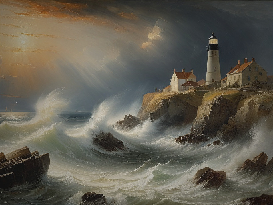 Coastal Lighthouse on Rugged Cliff with Dramatic Waves
