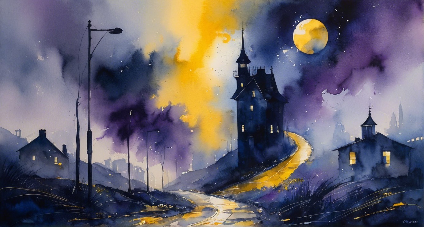 Whimsical Watercolor of House on a Hill at Night