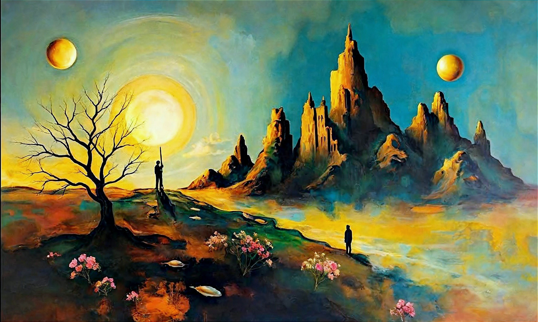 Vibrant Otherworldly Landscape with Two Suns and Trees