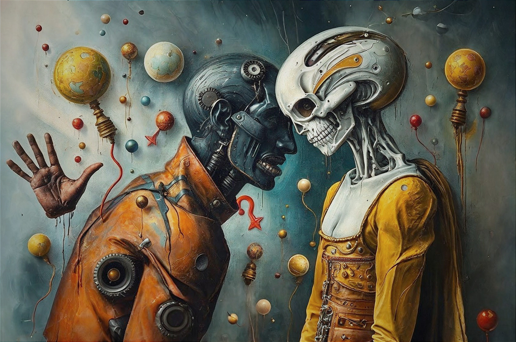 Humanoid Robot and Skeleton in Cosmic Artwork