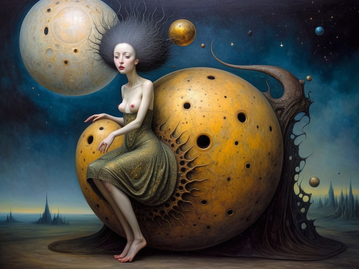 Surreal Female Figure on Abstract Sphere in Starry Sky
