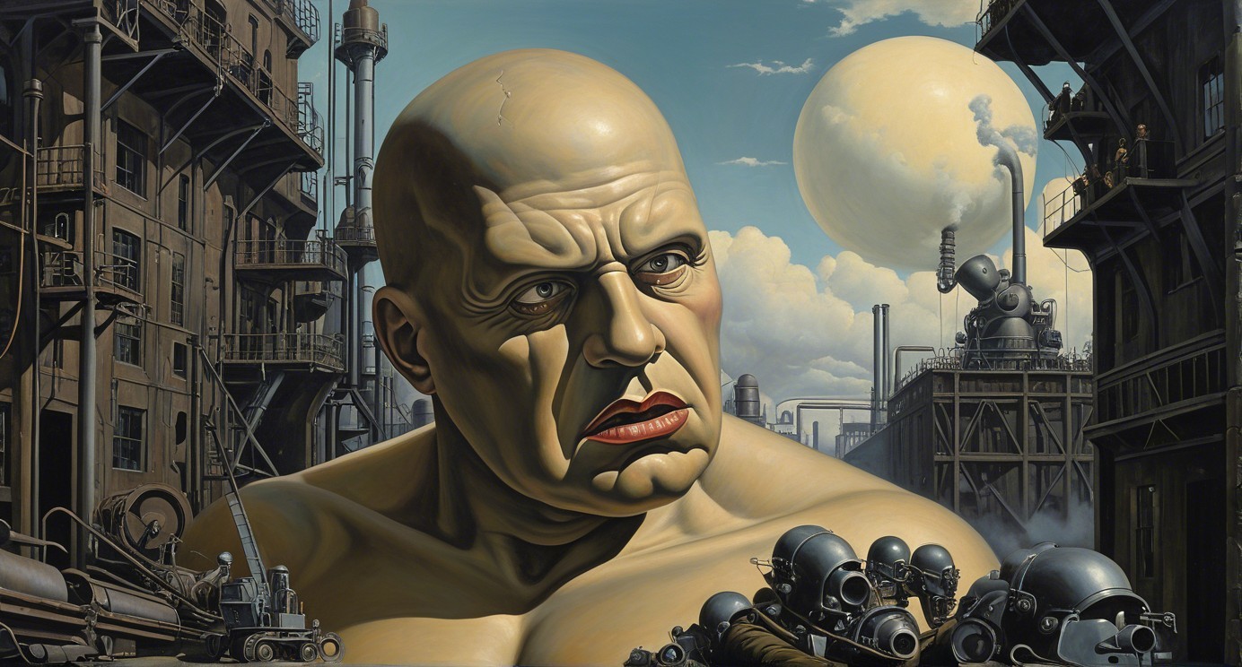 Muscular Figure in Industrial Landscape with Skulls