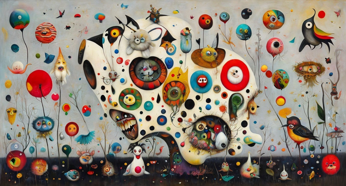 Surreal Landscape with Abstract Skull and Colorful Creatures