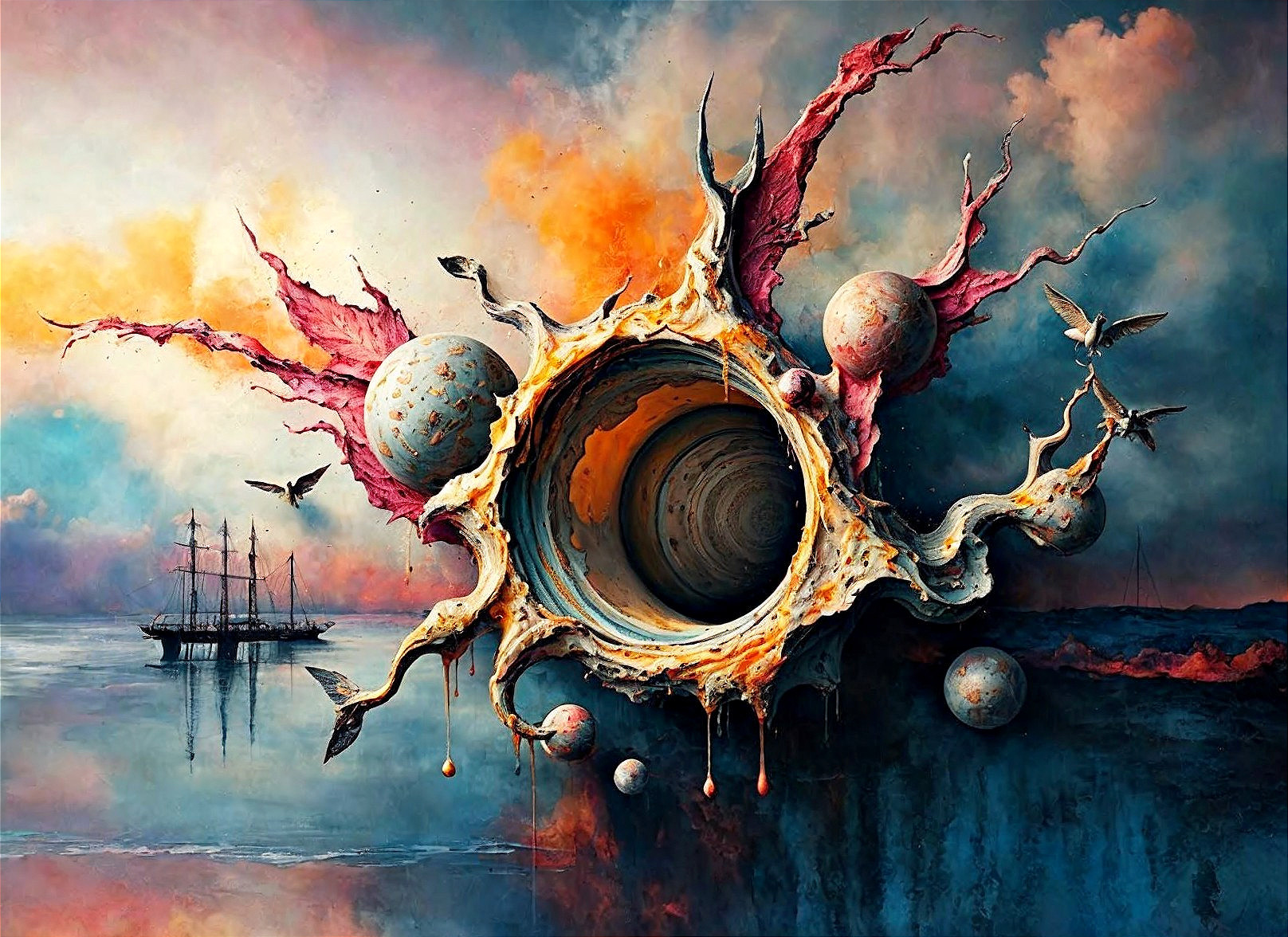 Surreal Painting of Organic Structure and Sailing Ship