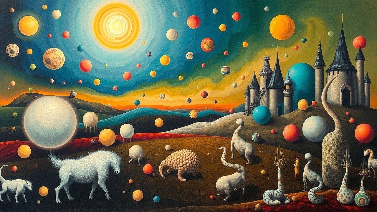 Surreal Landscape with Vibrant Celestial Bodies