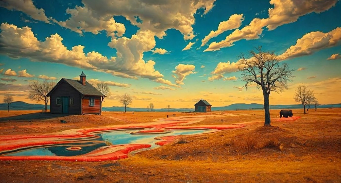 Serene Landscape with Rustic Structures and Stream