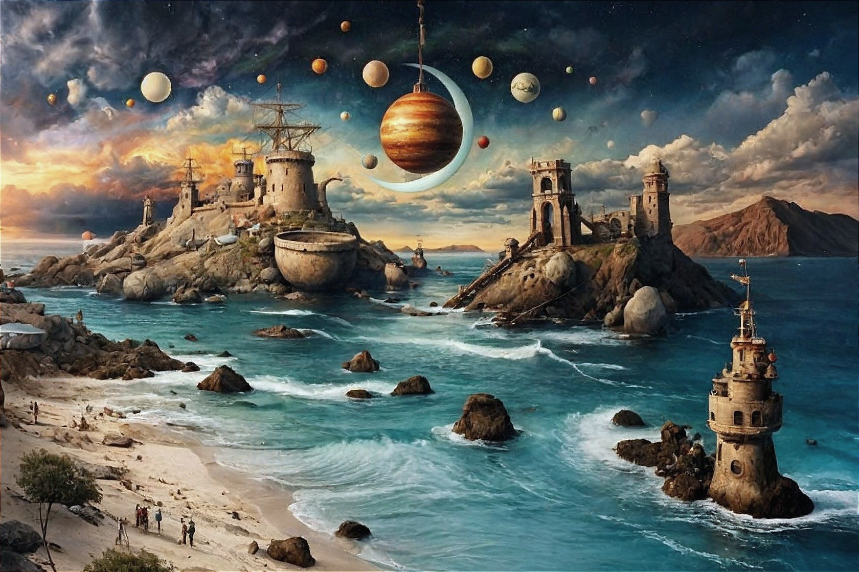 Surreal Seascape with Islands and Celestial Elements