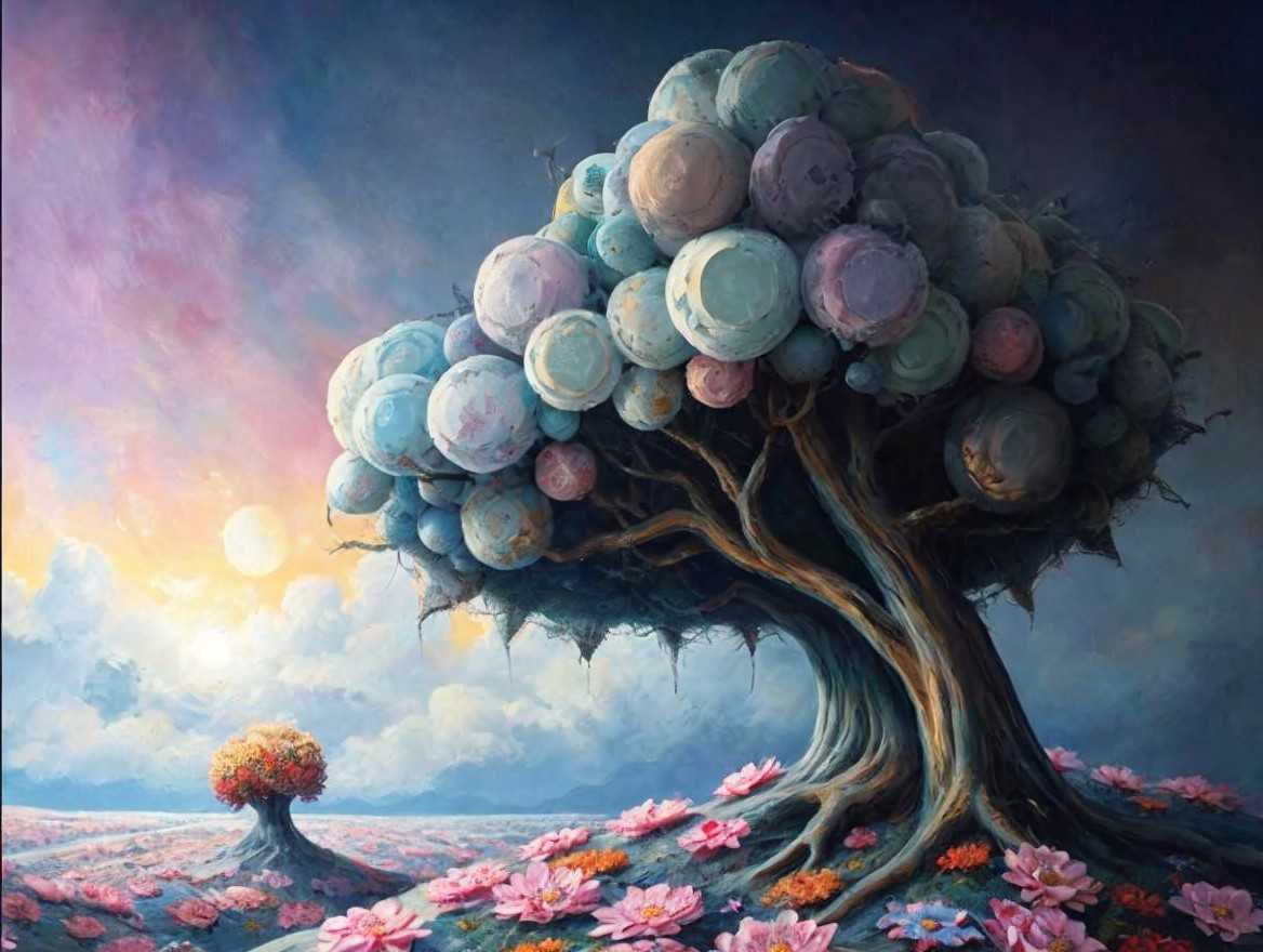 Surreal Landscape with Whimsical Trees and Sunset